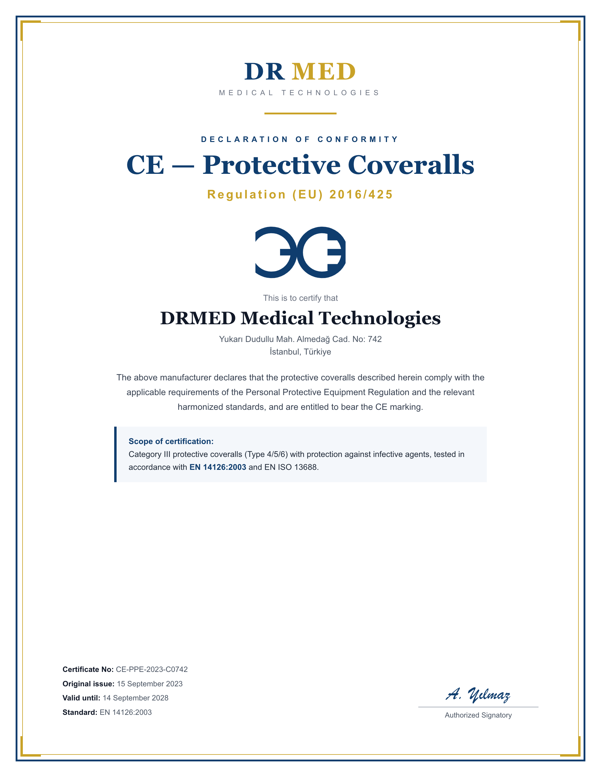 CE — Protective Coveralls certificate