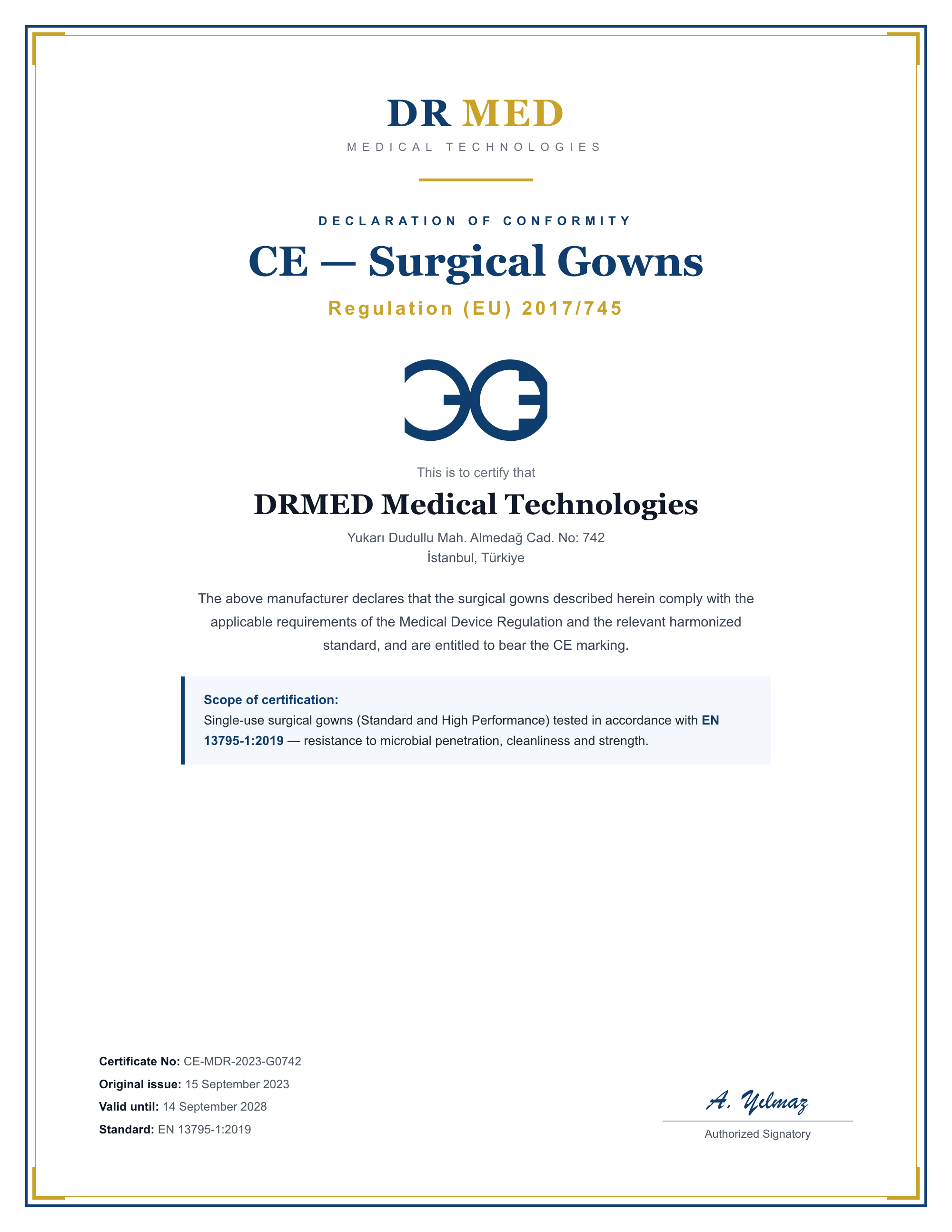 CE — Surgical Gowns certificate
