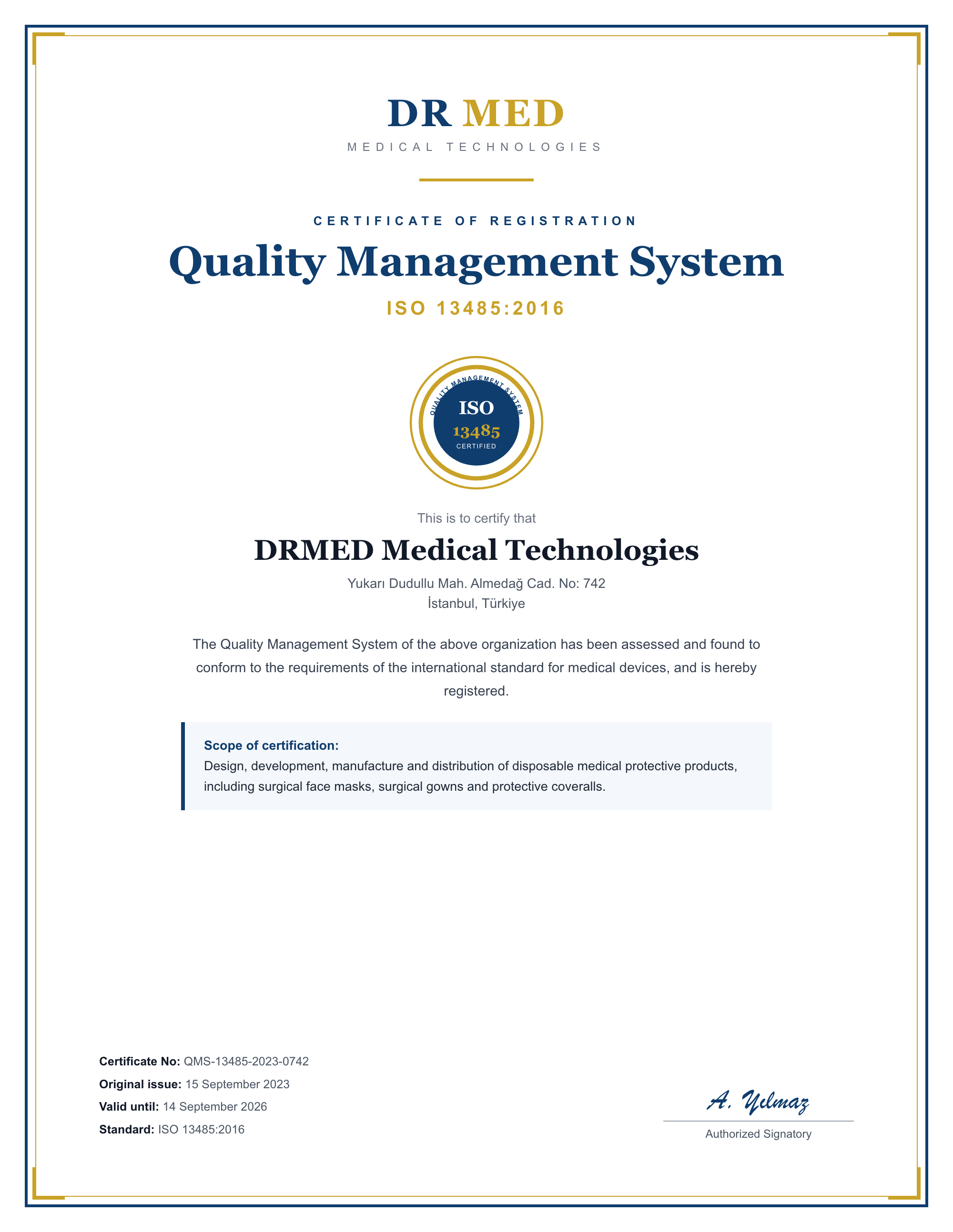 ISO 13485:2016 certificate